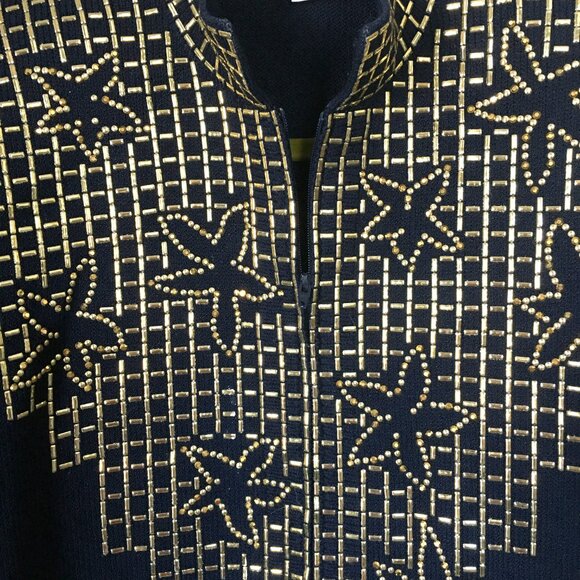 ST. JOHN by Marie Gray Sweater Jacket Sz 8 Embellished Navy Gold Beaded Starfish - Picture 3 of 6